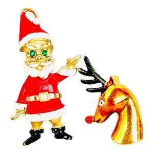 Vintage Mid Century Christmas Theme Santa Claus and Rudolph Brooch Pins
